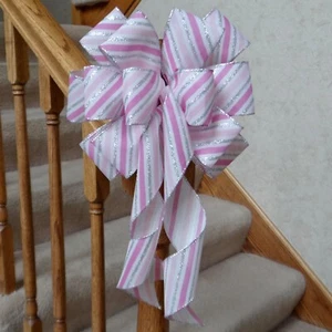 10" WIDE PINK SILVER STRIPED CHRISTMAS BOW DECORATION FOR WREATHS LANTERNS GIFTS - Picture 1 of 3