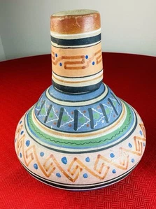 Vtg Mexican Folk Art Terracotta Pottery Vase Hand-Painted Decanter MCM ~ 7.5” - Picture 1 of 18