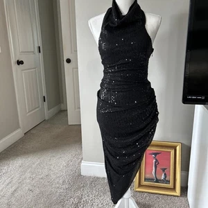 NWT Mable Halter Black Sequin Rushed Dress Sz S - Picture 1 of 11
