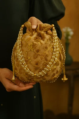 Handcrafted Beige Velvet Embroidered Potli Bag with Beaded Handle Wedding Party - Image 1 of 4