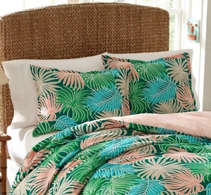 Nine Palms 2 Pc Twin Duvet Set 100% Cotton Coral Aqua Tropical Palm Tree Leaves - Picture 1 of 5