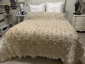 Antique French Hand Crocheted Coverlet / Bedspread with 2 Pillow Layover Full/Q