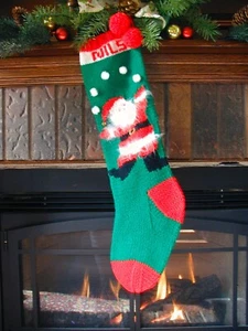 Hand Knit Christmas Stocking ~Santa Juggling Snow Balls~will personalize - Picture 1 of 1