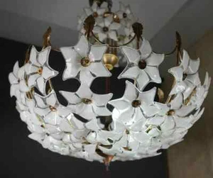 Monumental Modernist Italian Murano Venini Style Flower Glass Gilt Chandelier - Picture 1 of 9