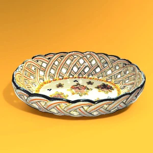 Vtg Hand Painted Portugal Open Weave Lattice Bowl Signed Numbered Flowers 9"x7" - Picture 1 of 5