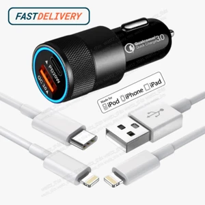 Dual Type C PD Fast 38W Car Charger Adapter Cable For iPhone 14 13 12 11 XR 8 SE - Picture 1 of 21