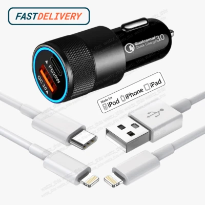 Dual Type C PD Fast 38W Car Charger Adapter Cable For iPhone 14 13 12 11 XR 8 SE - Image 1 of 4