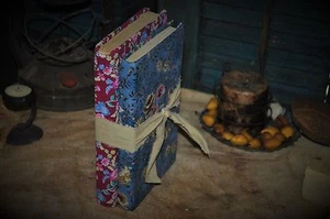 2 Primitive Time Worn 19c Fabric Covered Books Calico Prints Old Blues & Red - Picture 1 of 8