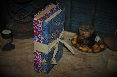 2 Primitive Time Worn 19c Fabric Covered Books Calico Prints Old Blues & Red - Image 1 of 4