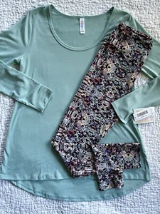 Lularoe Outfit Lynnae Top Small Solid Mint Green & OS Abstract Floral Leggings - Picture 1 of 4