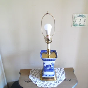 Spode Blue & White Porcelain Italian Tower Table Lamp Brass Base 24" Harp Finial - Picture 1 of 11