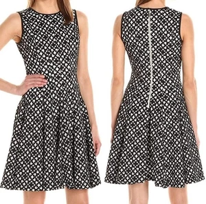 Calvin Klein Kleid Damen 8 Schwarz Weiß Geometrisch Ärmellos Fit Flare Skater - Bild 1 von 10