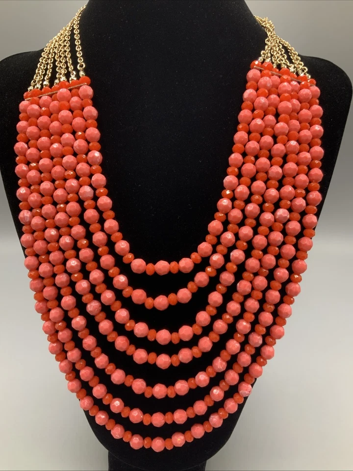 23” Premier Designs 7 Strand Necklace Pink Coral Tone Faceted Beaded Gold Tone - Image 1 of 4