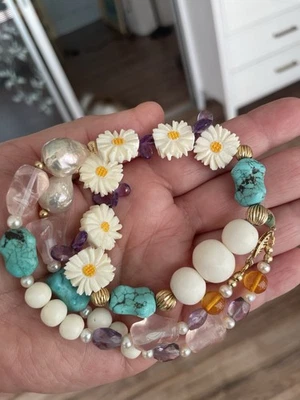 14k~Ouro~Pérola~Coral~Esculpido~Margarida~Ametista~Turquesa~Presente~Designer~Colar - Imagem 1 de 4