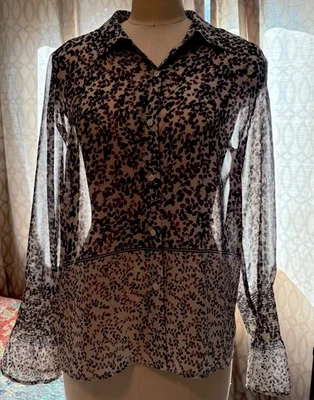 Vince Camuto Shirt Blouse Small Womans White Blue Sheer Button Up Chiffon - Image 1 of 4