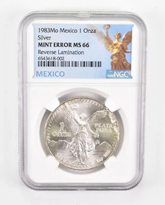 ERROR MS66 1983 Mo Mexico 1 Silver Onza - REV Lamination - Graded NGC *0538 - Picture 1 of 3
