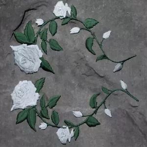 White Rose and Vine Patch Set - Flower, Stem, Bloom, Love Badge (Iron On) - Picture 1 of 1