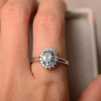 1.80 Ct Natural Aquamarine & Diamond Anniversary Engagement Ring 14K White Gold - Image 1 of 4