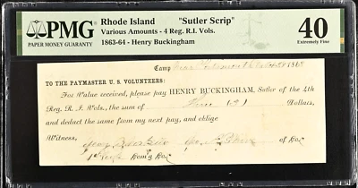 RI $3 PORTSMOUTH Virginia camp Henry Buckingham Sutler Scrip Oct 28, 1863 PMG 40 - Image 1 of 3