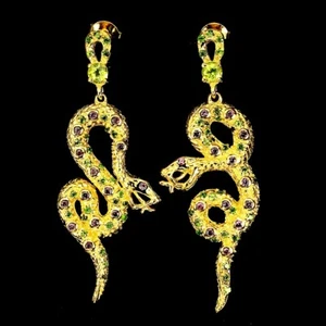 RHODOLITE GARNET, PERIDOT & CHROME DIOPSIDE COBRA EARRINGS .925 STERLING SILVER - Picture 1 of 3