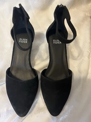 Zapatos negros de tacón bajo Eileen Fisher Just de gamuza con correa al tobillo talla 7 precio de venta sugerido por el fabricante 210 USD Foto 1 de 4
