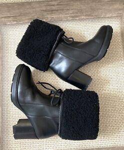 Aquatalia Boots 6 Women’s Black Leather Shearing Tops Waterproof 6cm Block Heel
