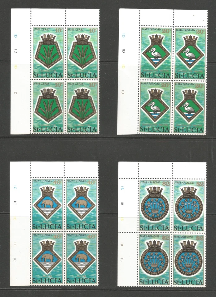 Escudos de la Royal Navy 1976 de Santa Lucía, bloques de esquina MNH de cuatro.  SG434-7 Foto 1 de 1