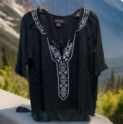 Rock & Roll Cowgirl Boho Top Black Rayon White Embroidered Made In TX  Womens L - Image 1 of 4