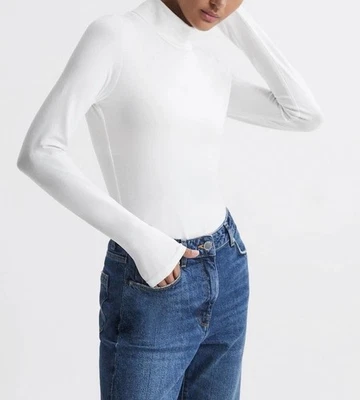 Reiss POLLY STRETCH-COTTON FUNNEL-NECK top pullover jumper ribbed/ white/ Size M - Image 1 of 4