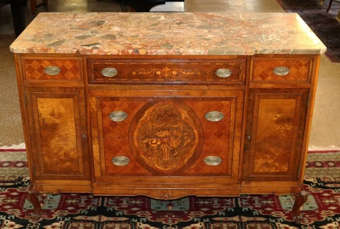 French Style Marble Top Walnut Inlaid Commode Dresser Chest of Drawers 1920's Cover