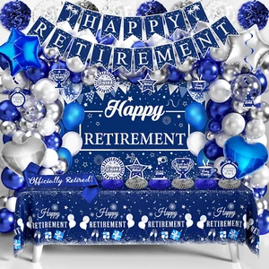 Happy Retirement Decorations - 109Pcs Blue Silver Set with Banner, Backdrop, Bal - Picture 1 of 12
