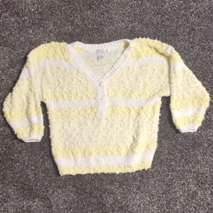 Vintage FABE Striped Popcorn Knit Sweater Women’s Sz L Yellow White V-Neck 90's - Picture 1 of 5