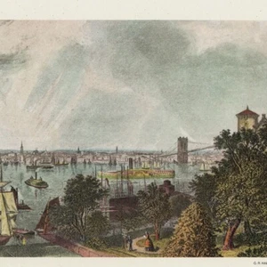 Vintage Print 19th Century View of New York City Trinity Church Brooklyn Bridge - Picture 1 of 9