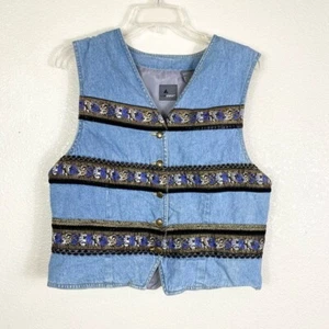 Vintage Liz Wear Paisley Striped Embellished Denim Vest Size L - Picture 1 of 5