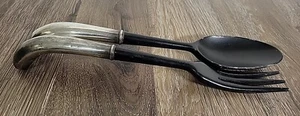 Mid Century Modern Salad Serving Fork Spoon Black Wooden Sterling Silver France - Picture 1 of 12