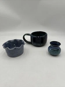 Set/3 Blue Glazed Pottery All Signed Apple Baker, Mug & Egg Separator Beautiful - Picture 1 of 13