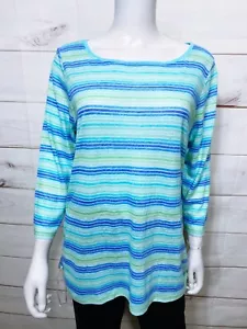 Talbots Plus Womens Top Size X Blue & Green Striped 3/4 Sleeve Linen & Polyester - Picture 1 of 7