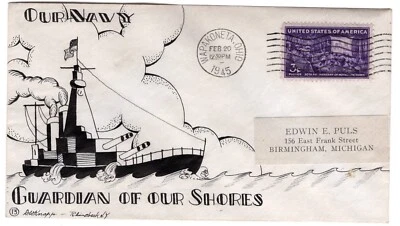 Dorothy Knapp Hand-Drawn Cachet #13 Navy Guardian of our Shores WWII Patriotic - Image 1 of 2