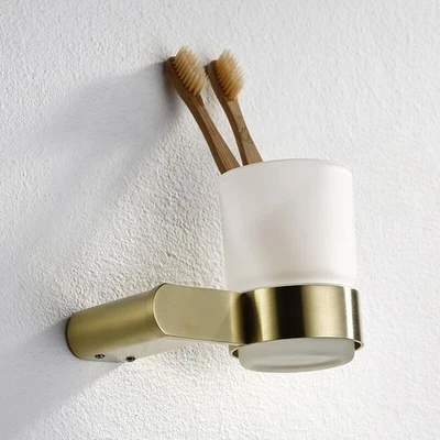 Brushed Gold SUS Bathroom Wall Mounted Single Cup Holder with Glass Toothbrush { - Image 1 of 4