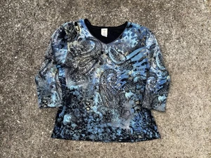 Jess & Jane Blue Paisley 3/4 Sleeve Artsy Cotton Top Size M Rhinestones Boho - Picture 1 of 4