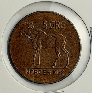 1972 Norway 5 Ore Coin KM#405 Bronze King Olav V Moose Design Scandinavian - Picture 1 of 4