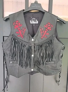 Vintage Leather King Black Leather Red Rose Fringed Motorcycle Vest Size Medium - Bild 1 von 9