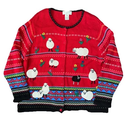 Vintage Susan Bristol Holiday Sheep XL Embroidered Cardigan  Button Sweater 2W - Image 1 of 4