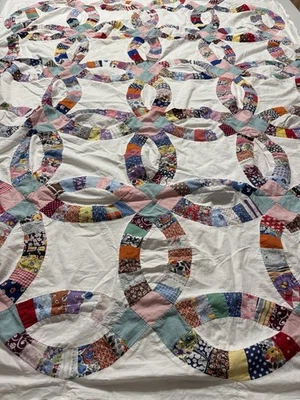 Vintage Handmade Hand Stitched Feed Sack Double Wedding Quilt Top 53x67  #685 - Image 1 of 4