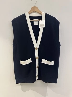 Cárdigan tejido sin mangas SANDRO Myriam azul marino con botones dorados TALLA 1 UK 8 pequeño Foto 1 de 4