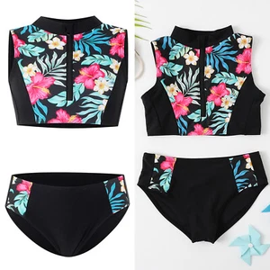 Girls Bathing Suit Tropical Swimsuits Flower Print Tankini Set Beach Swimwear - Picture 1 of 21