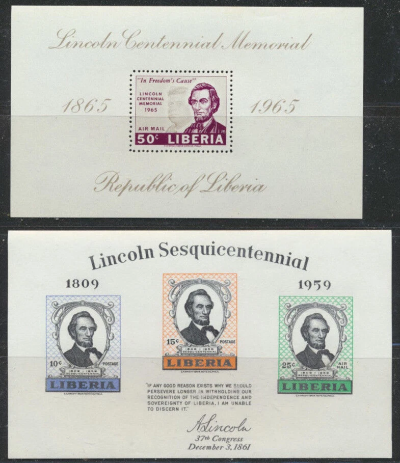 亚伯拉罕·林肯 2 件套完好 NH 利比里亚纪念品床单 $4.25 零售价值  — 第 1/1 张图片