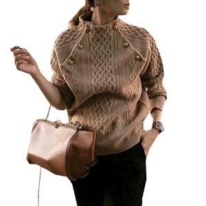 Fastener Decoration Solid Color Sweater Long Sleeve Twist Round Neck Sweater Top - Picture 1 of 3
