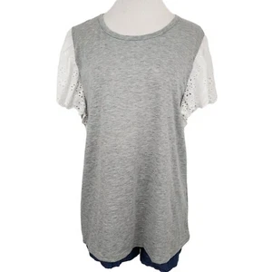 Polagram Top Women's Plus Size 1XL Round Neck Short Sleeves Eyelet Detail Gray - Picture 1 of 10