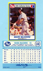 1991 Post Cereal Rookie Stars Team - #2 Mark McGwire - Oakland A's Box 736